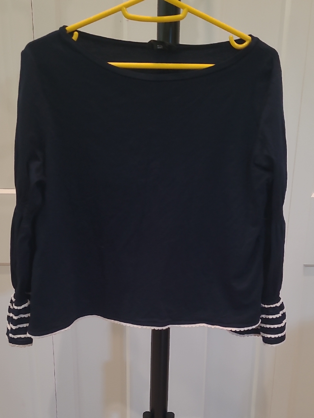 Club Monaco Navy Long-Sleeve Top with Striped Cuff Detail